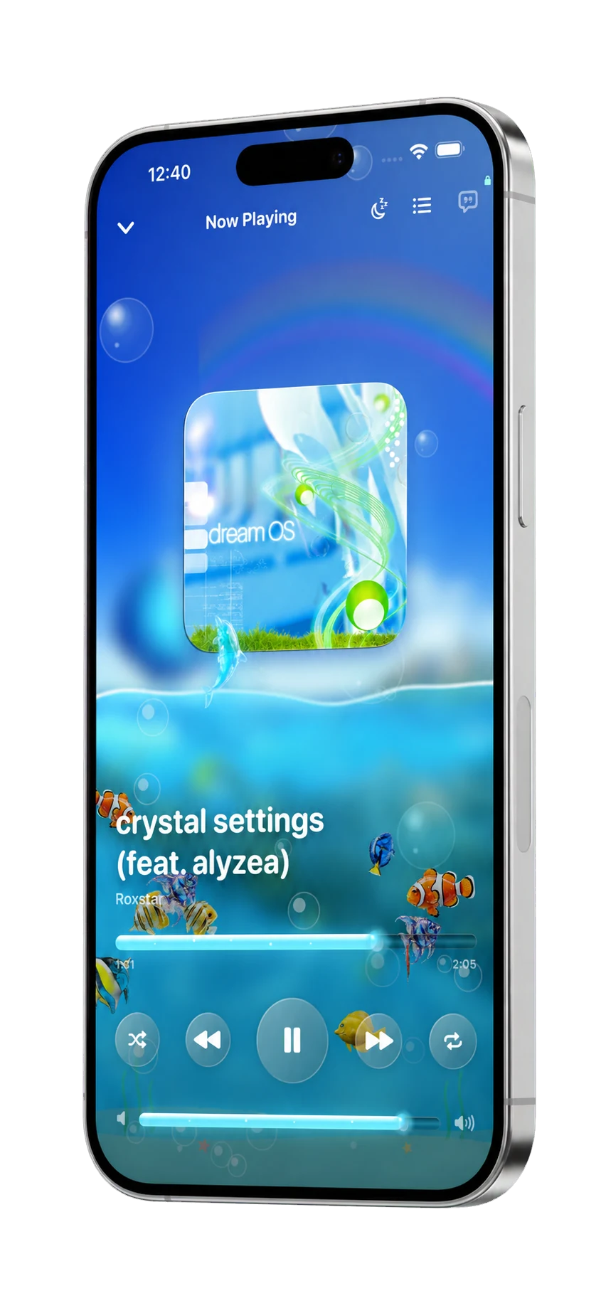AeroTune underwater player displayed on a realistic silver smartphone