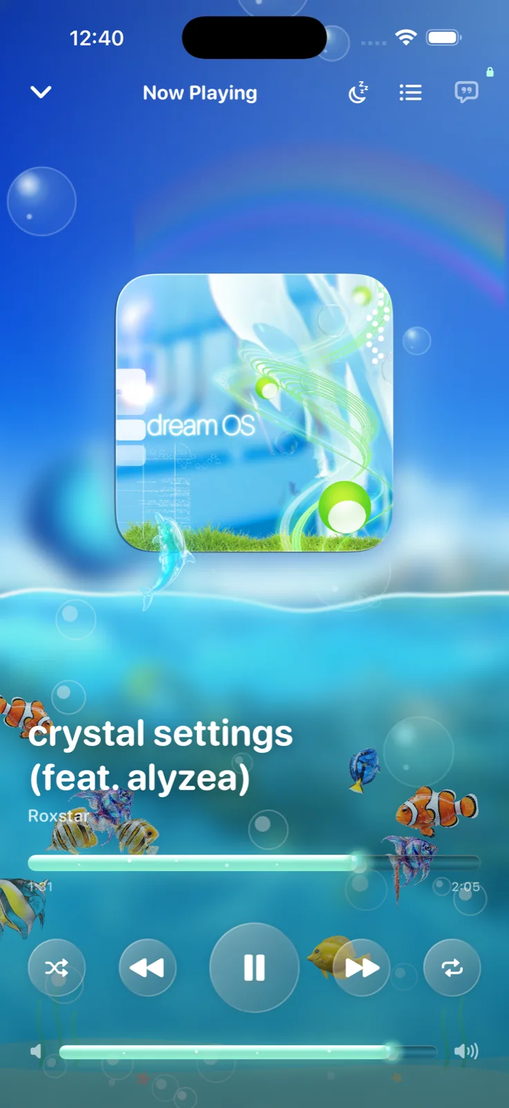 AeroTune Now Playing screen with an underwater Frutiger Aero theme